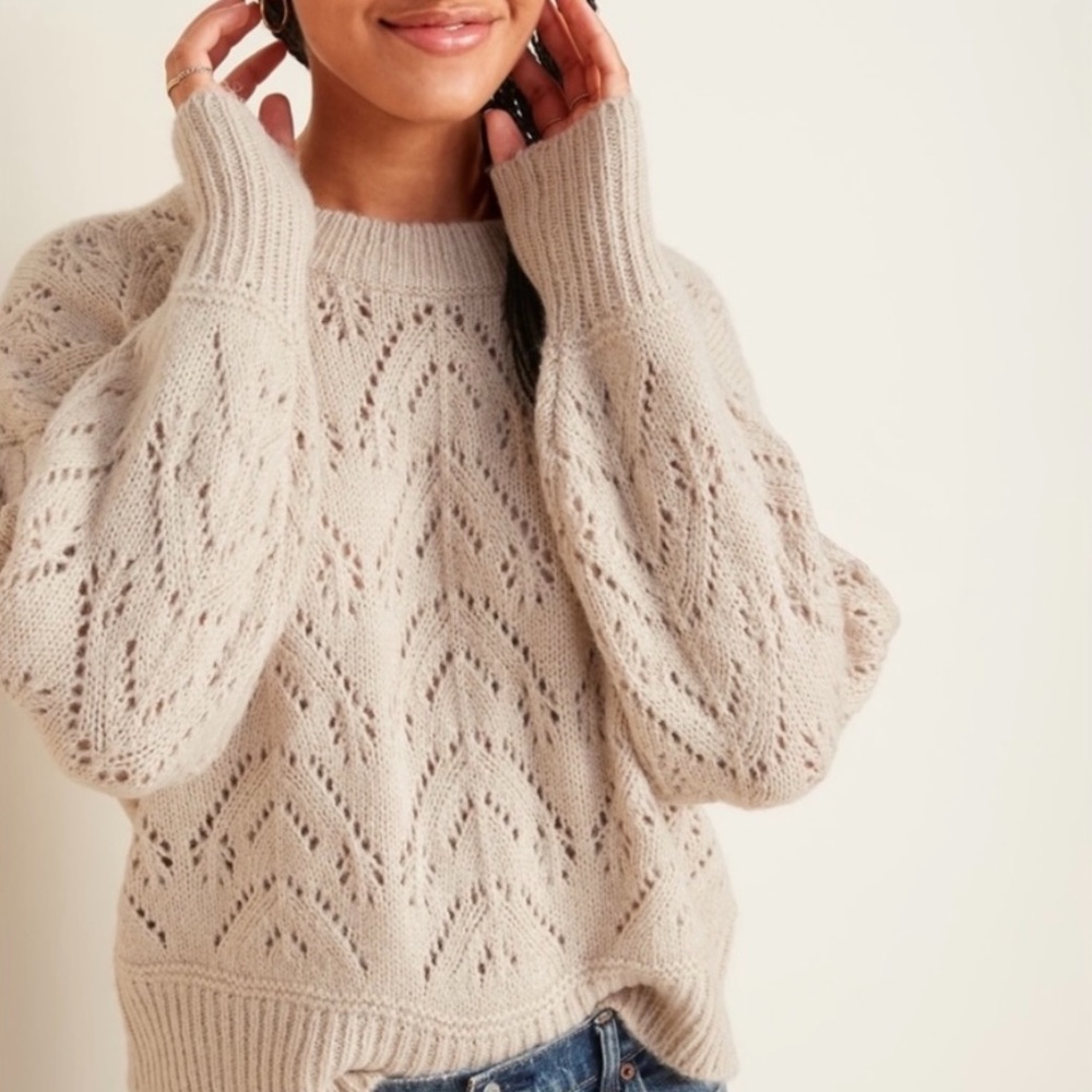 Oatmeal pointelle sweater with balloon sleeves - Picture 1 of 2